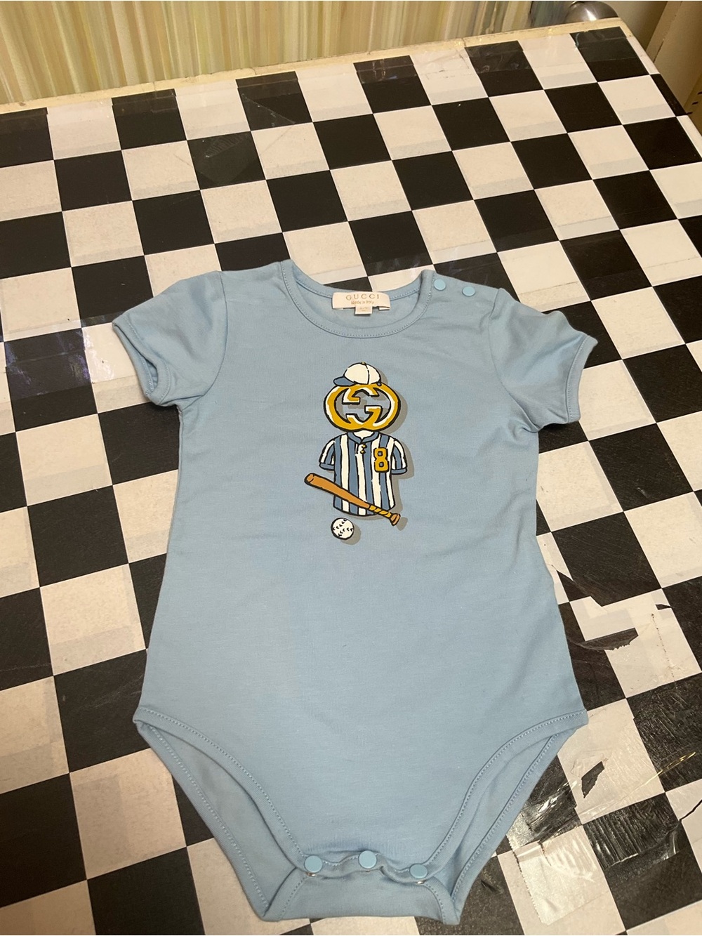 Gucci Baby Light Blue Baseball Graphic One-Piece